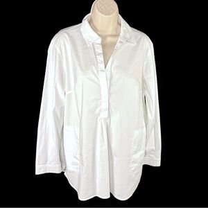 Joan Vass Crisp White Boxy Tunic Front Slide Pockets With Stretch Material M